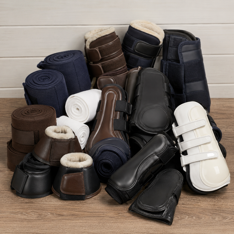 Different types of horse leg protection, including polo wraps, brushing boots, open front boots, tendon boots, and bell boots for equestrian care.