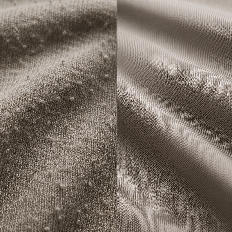 Close-up comparison of pilled low-quality fabric beside smooth performance fabric, showing the difference in riding apparel quality