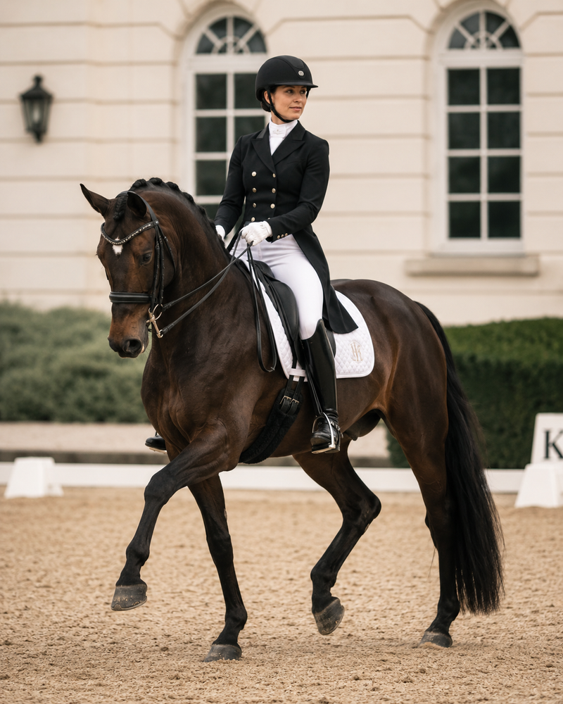 Traditional dressage outfit with black coat, white breeches, tall boots, and braided dressage horse